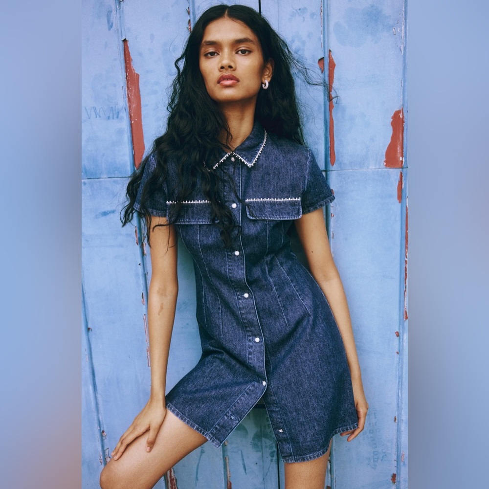 NWT H&M Embellished Denim Dress in Dark Denim Blue